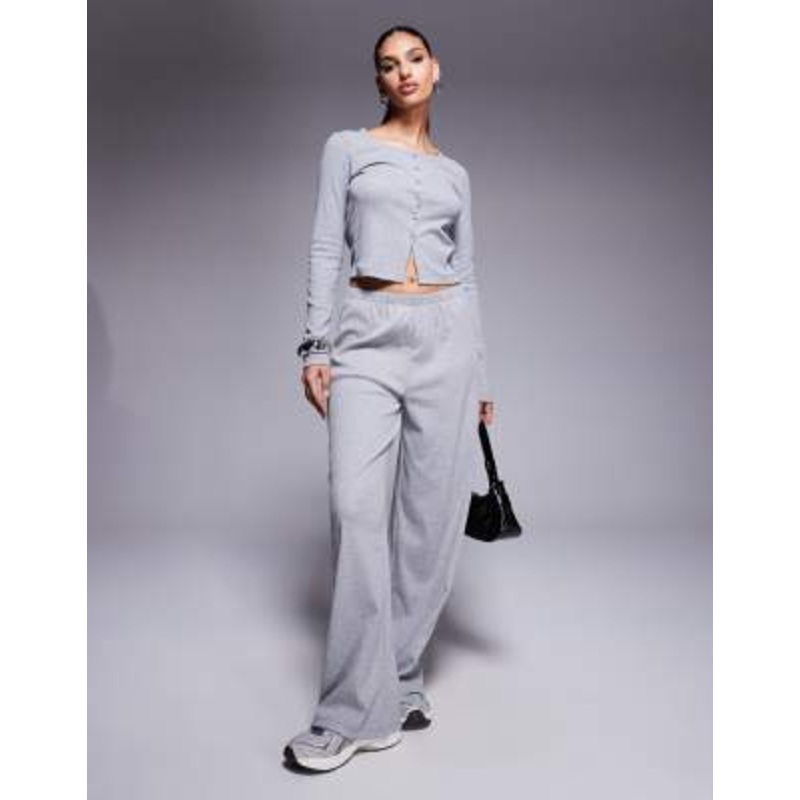 Weekend Collective ribbed button top and wide leg sweatpants set in gray