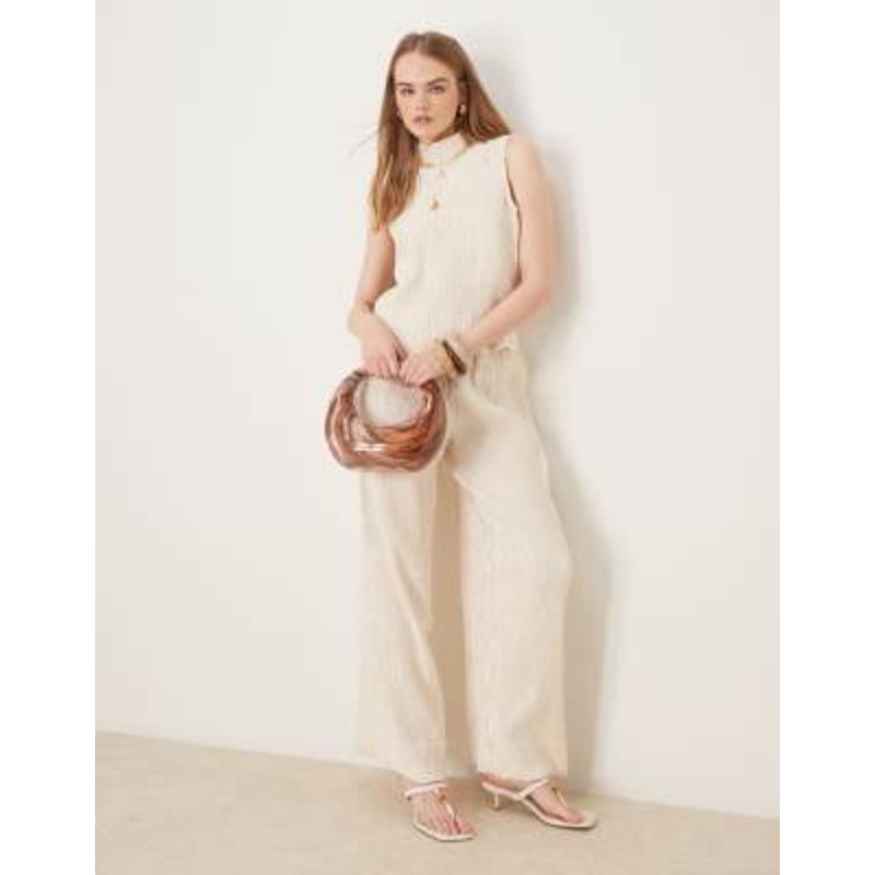 YAS shimmer crinkle high neck sleeveless top and wide leg pants set in sandshell