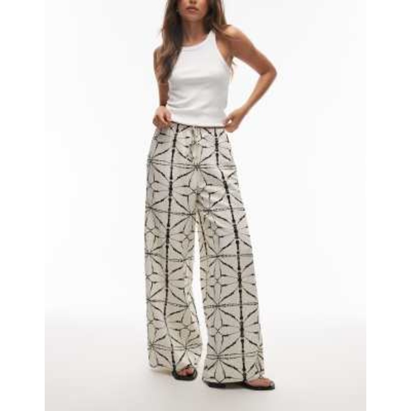 & Other Stories linen wide leg pants with drawstring waist in off white and black pattern