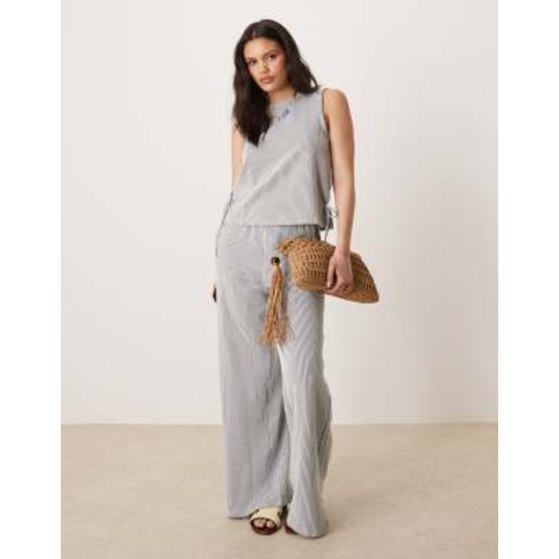 Vila textured sleeveless tie side top and wide leg pants set in black and cream stripe