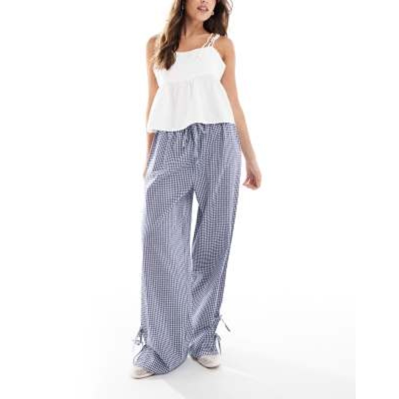 Wednesday’s Girl tie sides gingham pants in navy blue