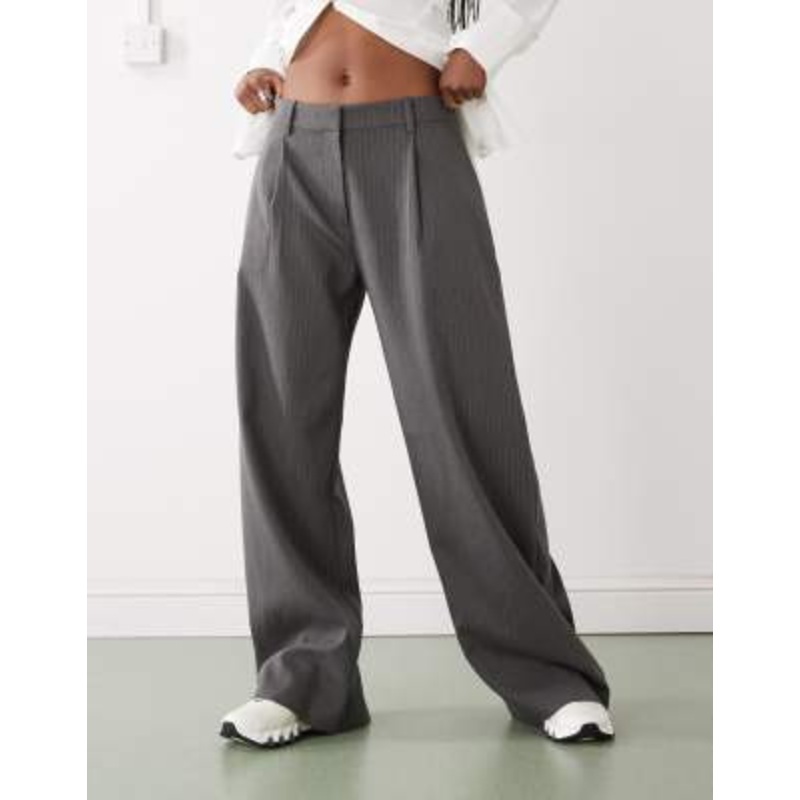 Weekday Dara low waist wide leg pants with front pleats in gray pinstripe