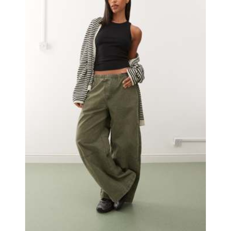 Weekday elastic waist super wide leg pants in washed khaki