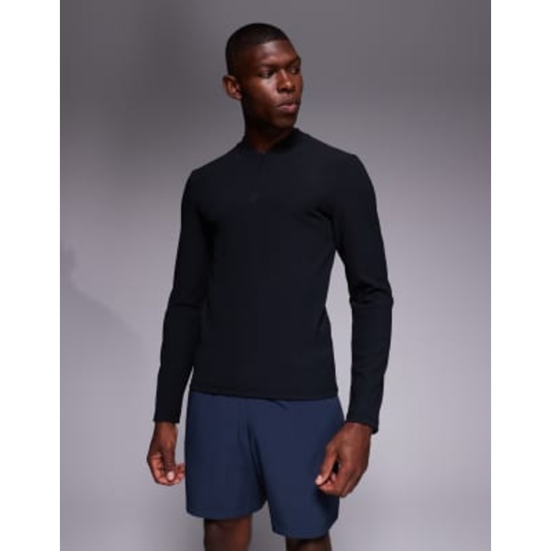 4505 active rib slim fit long sleeve zip up running top in black