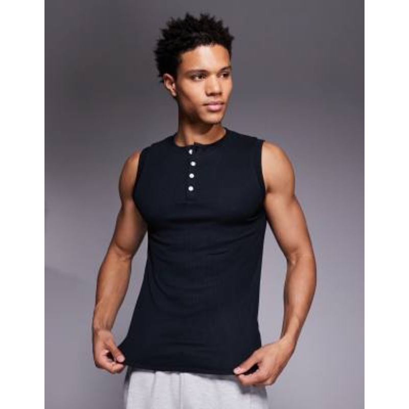 4505 Rest Day ultra soft modal ribbed slim fit henley tank in black