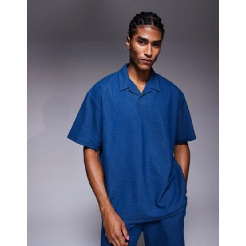 ADPT split neck texture polo shirt in denim blue