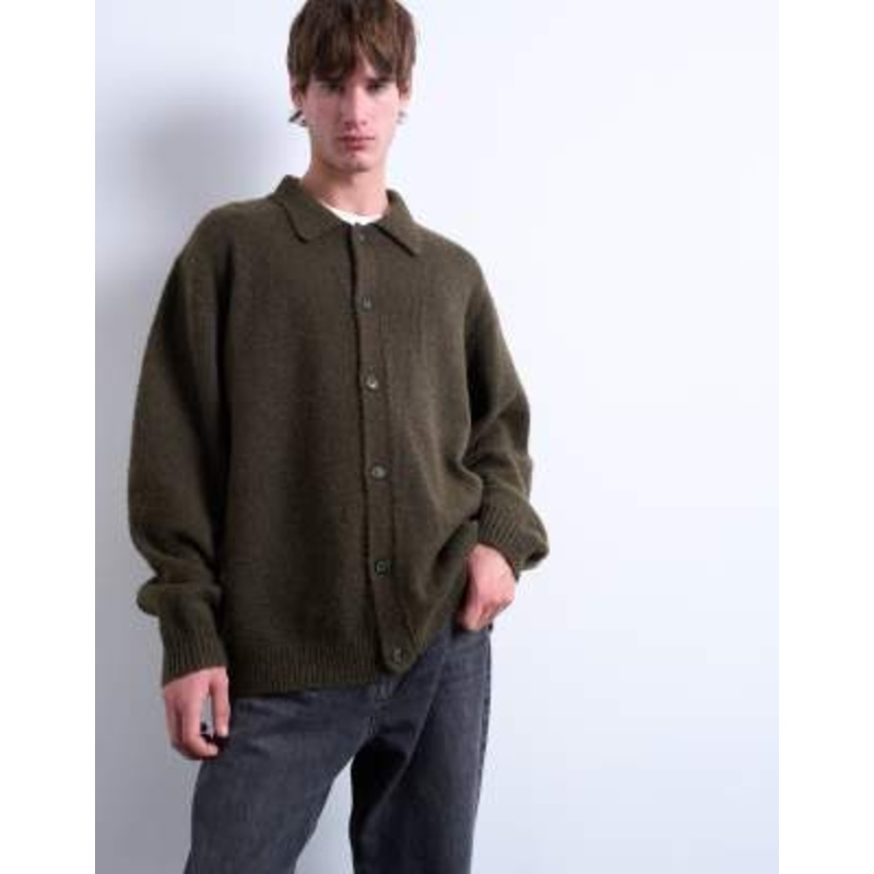 Topman oversized fit button up cardigan in khaki green