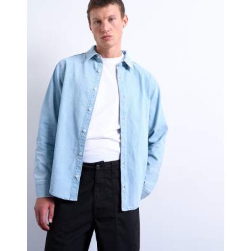 Topman regular fit denim long sleeve shirt in light wash
