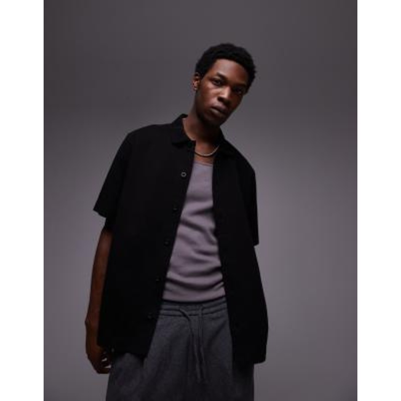 Topman relaxed fit button down jersey shirt in black