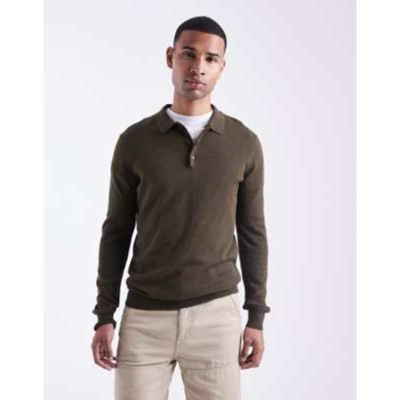 Brave Soul placket long sleeve polo top in green