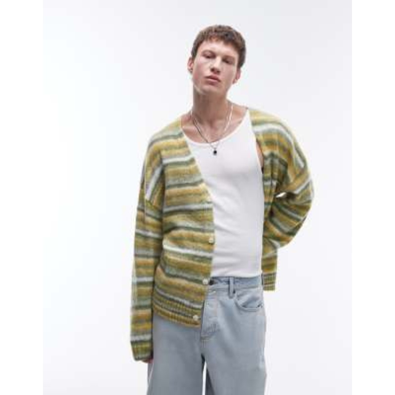 Topman oversized cardigan in green & yellow stripe