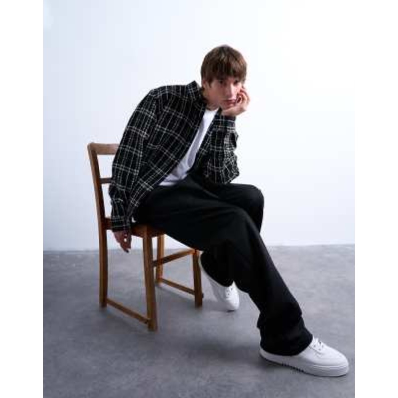 Topman regular fit textured plaid overshirt in black