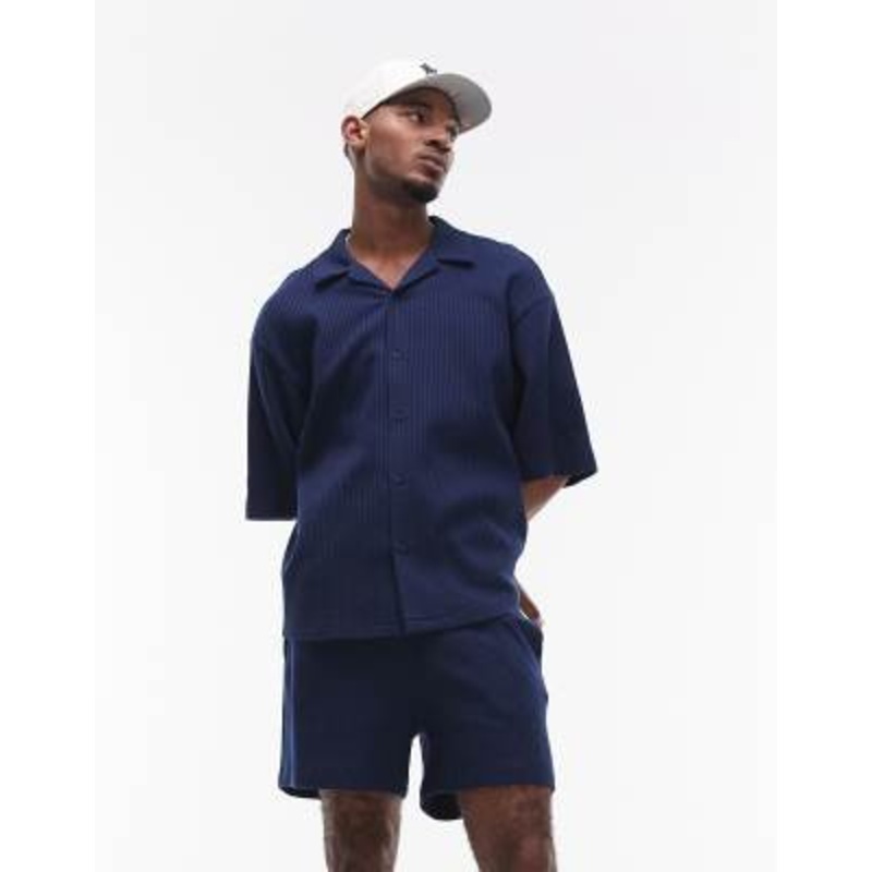 Topman relaxed fit waffle knit button down jersey shirt in navy