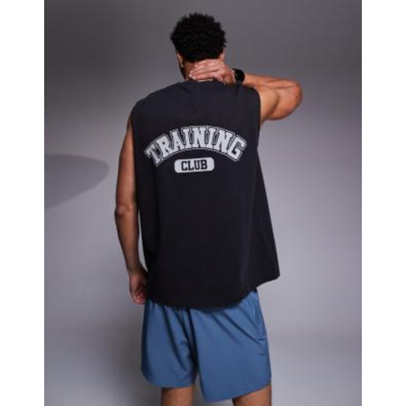 4505 back print oversized heavyweight cotton training tank top with quick dry finish in washed black