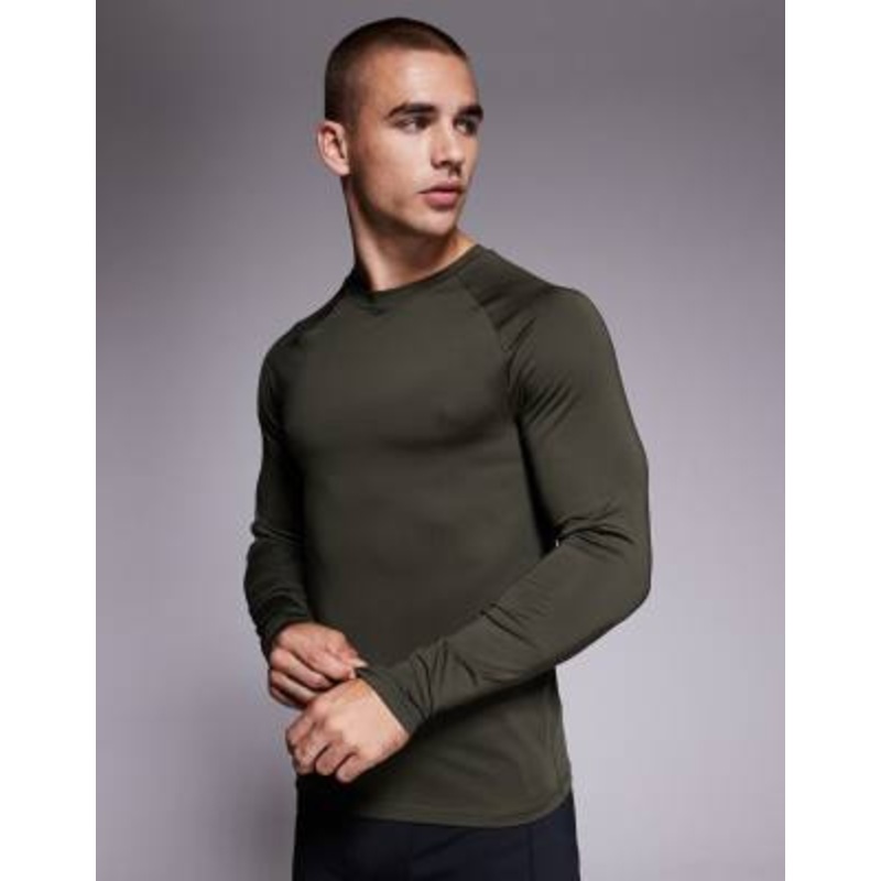 4505 Icon active quick dry muscle fit base layer training long sleeve top in khaki