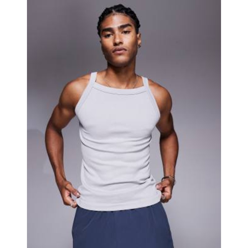 4505 seamless ribbed square neck muscle tank top in gray heather