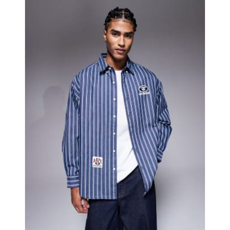 Aape by A Bathing Ape oversized long sleeve striped shirt in navy blue with back embroidery