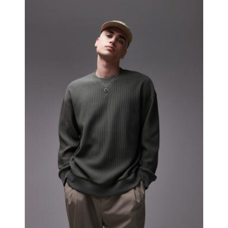 Topman oversized fit ottoman crew sweatshirt in dark green