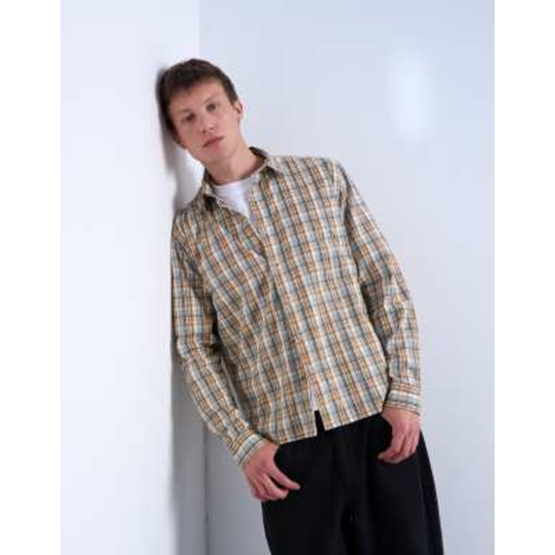 Topman regular fit textured plaid shirt in stone