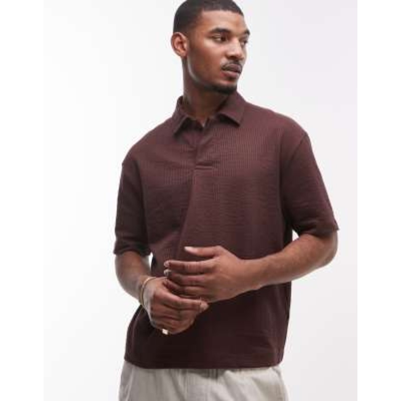 Topman relaxed cropped fit polo shirt with seersucker stripes in brown