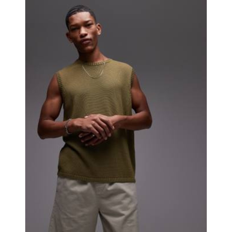 Topman relaxed fit knit crew neck tank top in khaki green