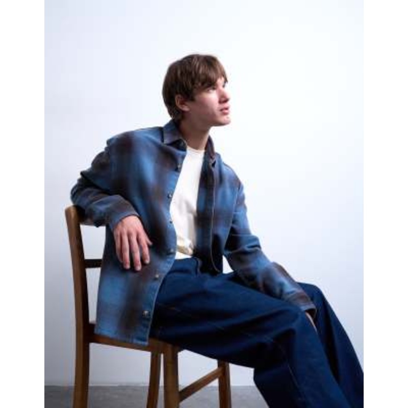 Topman relaxed fit washed plaid shirt in blue