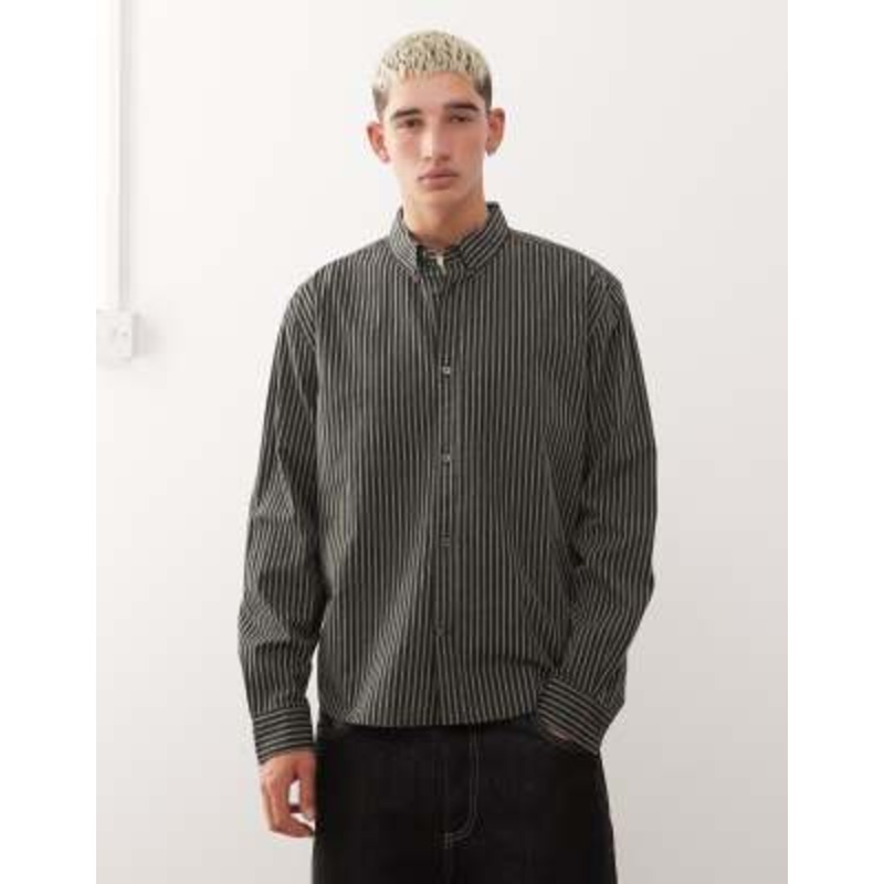 Weekday oversized long sleeve shirt in gray & black stripe