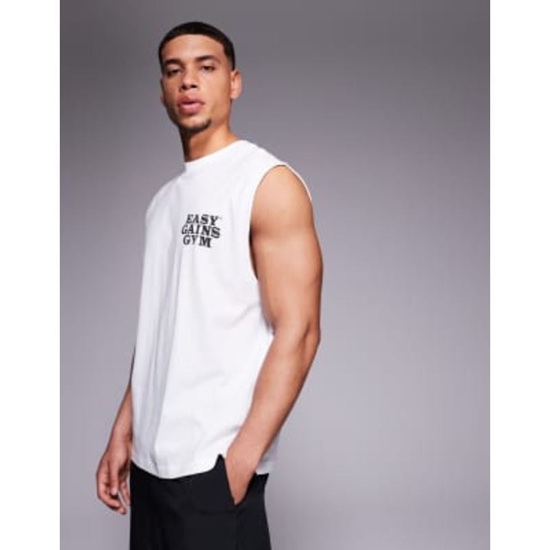 4505 cotton oversized pump training tank top with chest graphic and quick dry finish in white