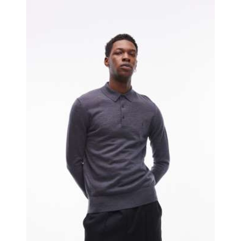 AllSaints Mode Merino long sleeve polo shirt in blue
