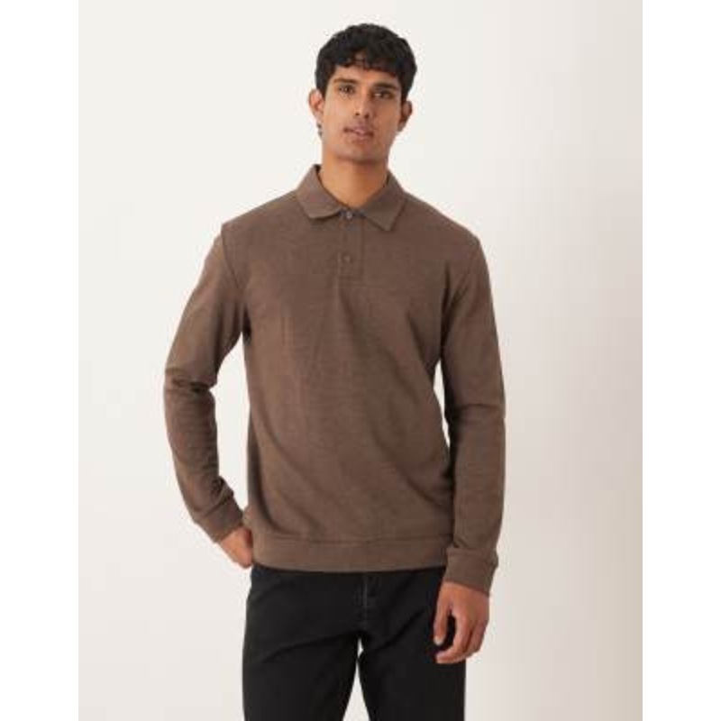 ARKET rich cotton polo collar half button jersey top in dark mole brown