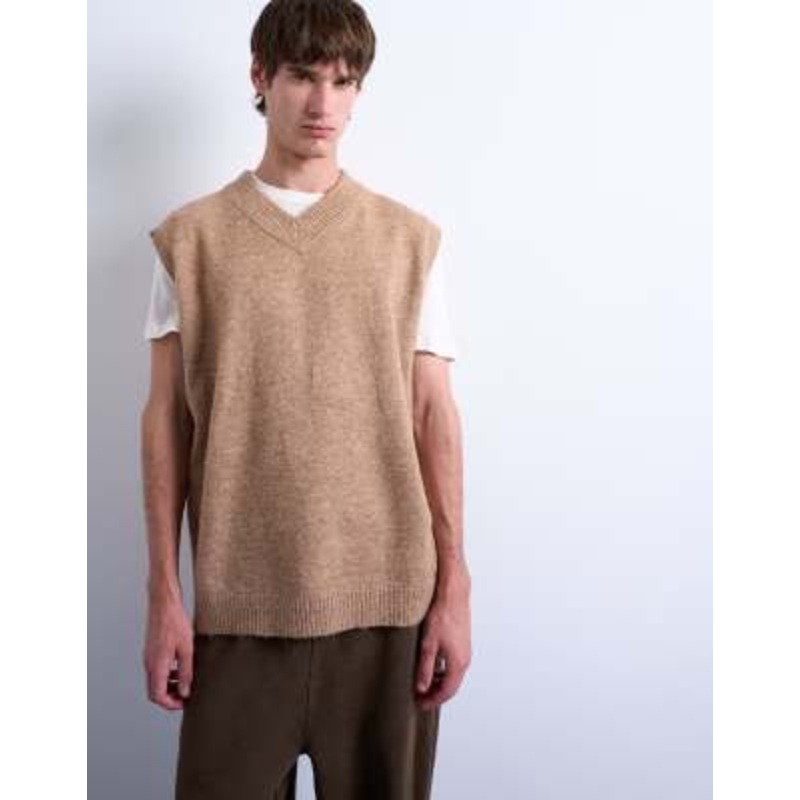 Topman oversized fit knit v-neck tank top in stone