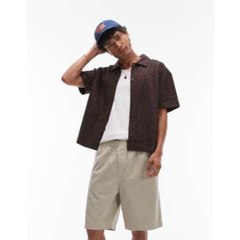 Topman relaxed fit button down jersey shirt with jacquard in brown