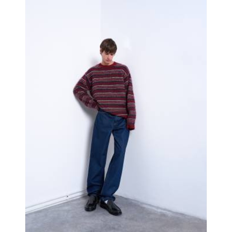 Topman relaxed fit fluffy knit striped sweater in burgundy