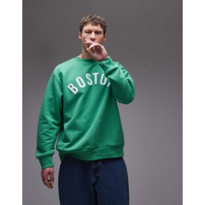 Topman relaxed fit sweatshirt with Boston chenille embroidery in green