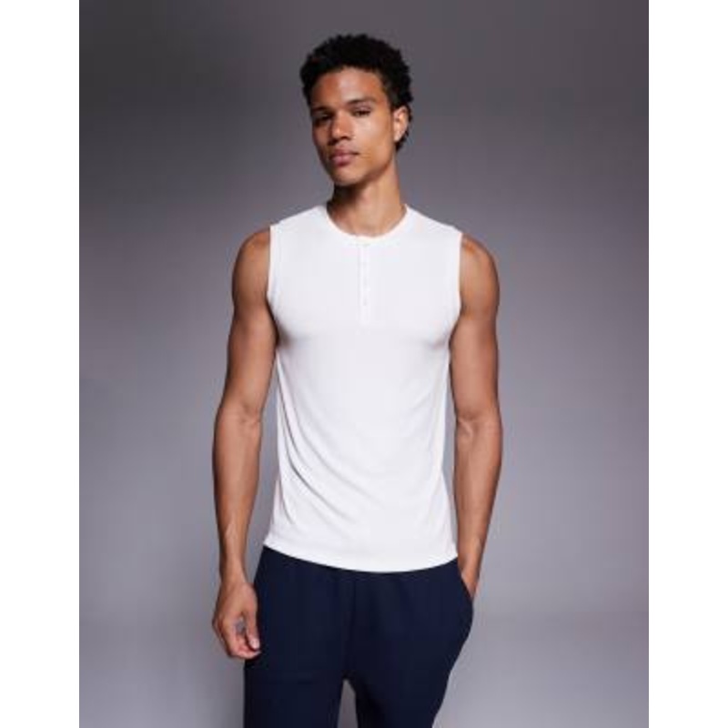 4505 Rest Day ultra soft modal ribbed slim fit henley tank in white