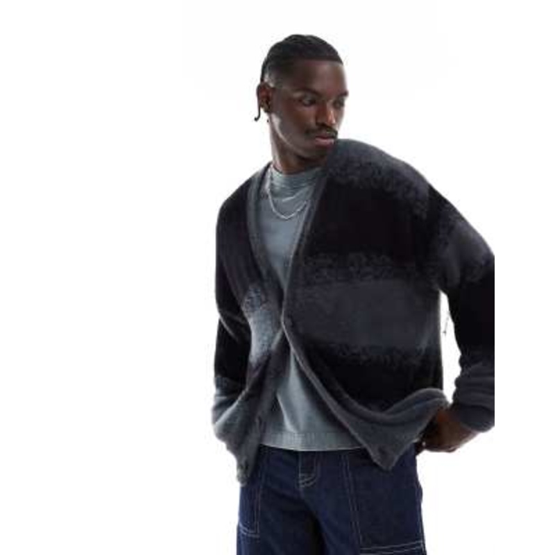 ADPT oversized cardigan in diagonal print in black gray