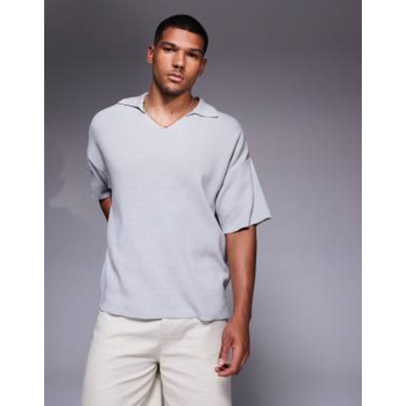 ADPT oversized knit split neck polo in light gray