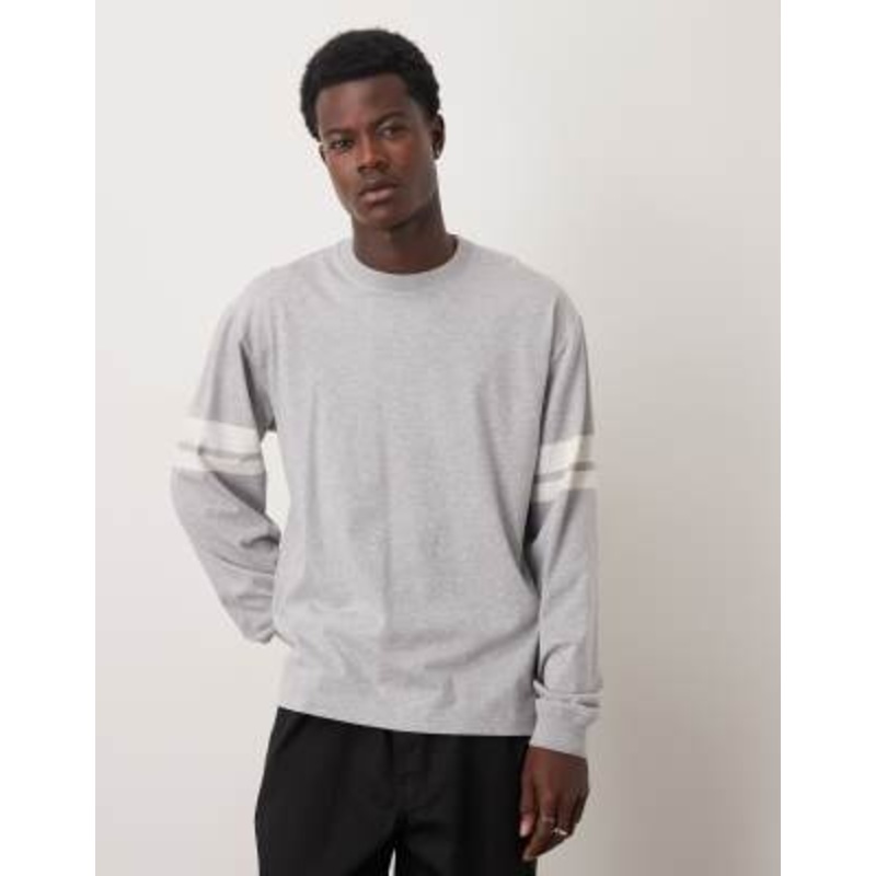 ARKET jersey long sleeve top in gray melange with retro stripe detail