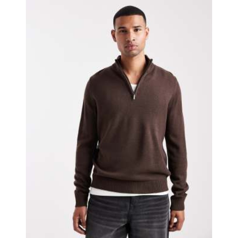 Brave Soul knit quarter zip sweater in chocolate brown