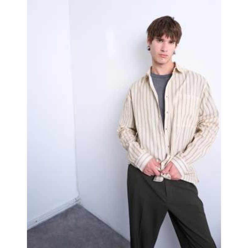 Topman long sleeve relaxed striped shirt in stone