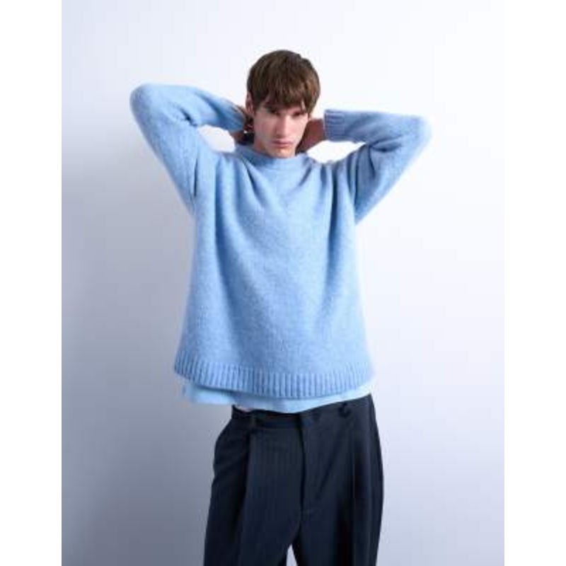 Topman loose knit crew neck sweater in mid blue