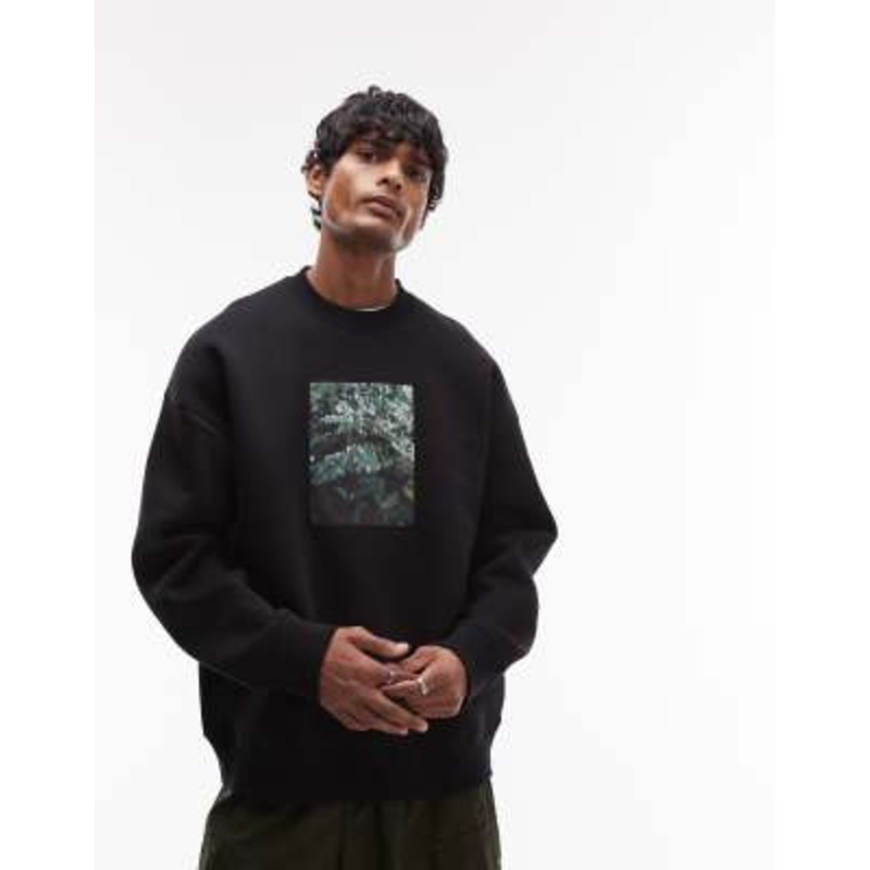 Topman oversized fit sweatshirt with leaves patch print in black