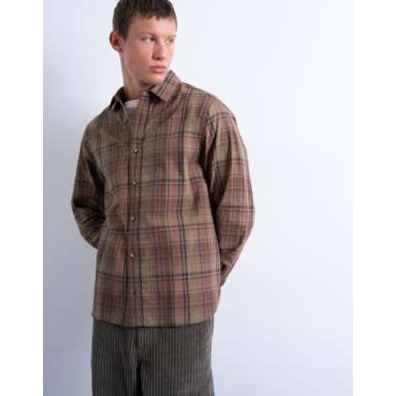 Topman regular fit poplin plaid shirt in green