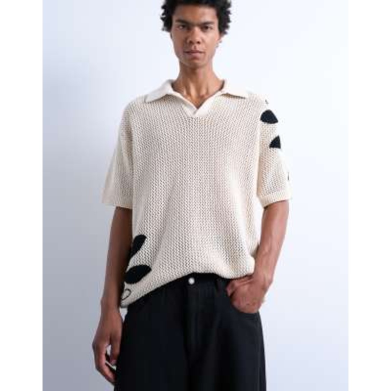 Topman relaxed crochet camp collar polo shirt with floral embroidery on body and sleeve in stone