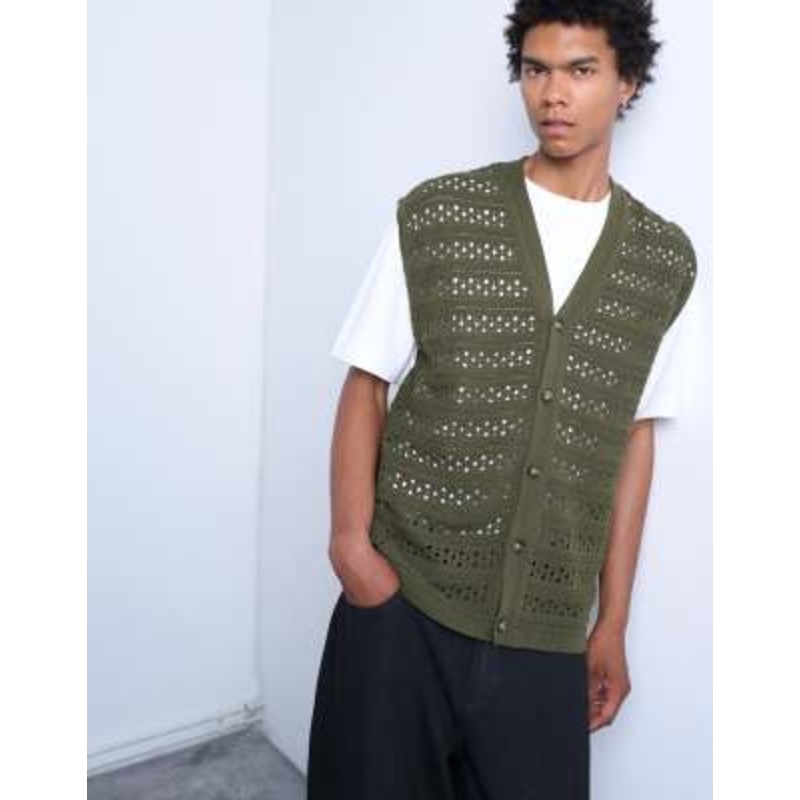 Topman relaxed fit button up knit tank top in khaki green