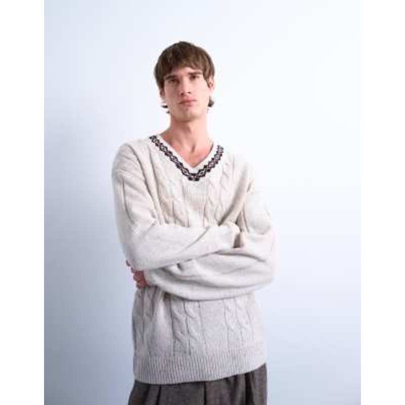 Topman relaxed fit cable knit v-neck sweater with fairisle trim in ecru