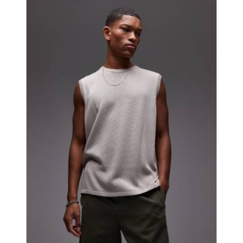 Topman relaxed fit knit crew neck tank top in gray