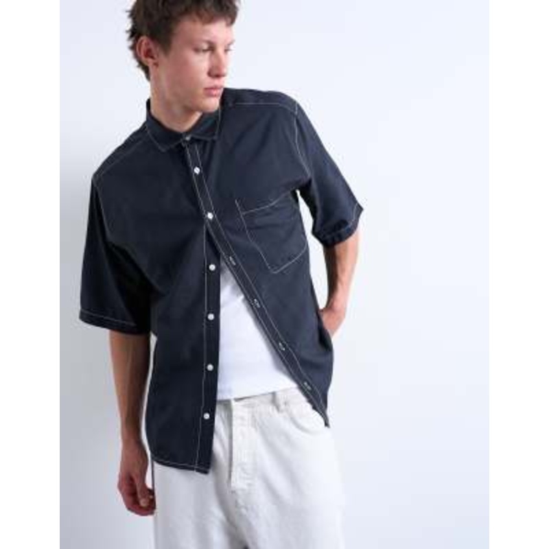 Topman relaxed fit shirt with contrast stitch detail in black