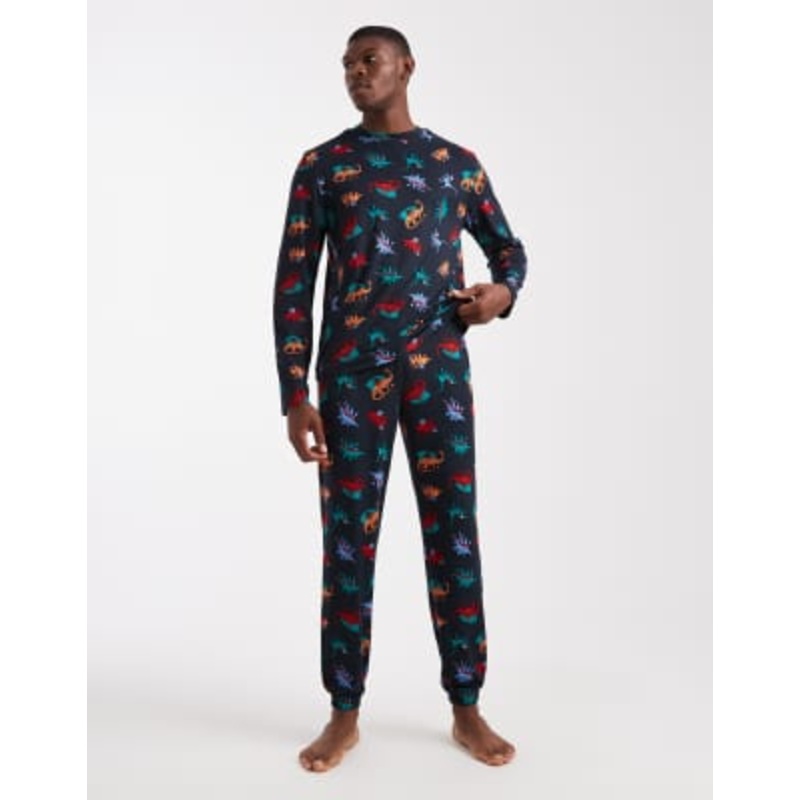 Urban Threads Christmas long sleeve crew and pajama bottoms in navy dinosaur print