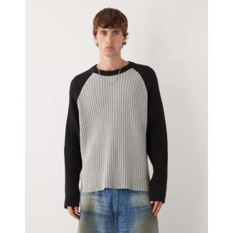 Weekday boxy fit raglan sweater in black and gray